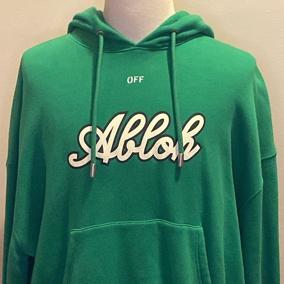 NWT Off-White Oversize Football Logo Graphic Hoodie in College Green (sz M) - Picture 2 of 8